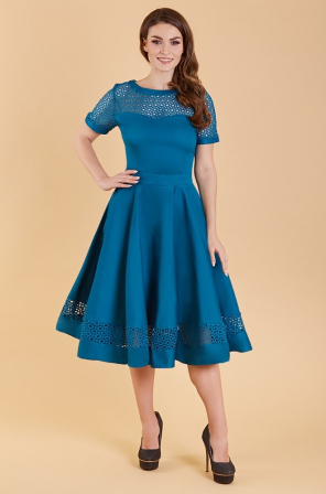 Swingkleid mit Spitze in Pfauenblau